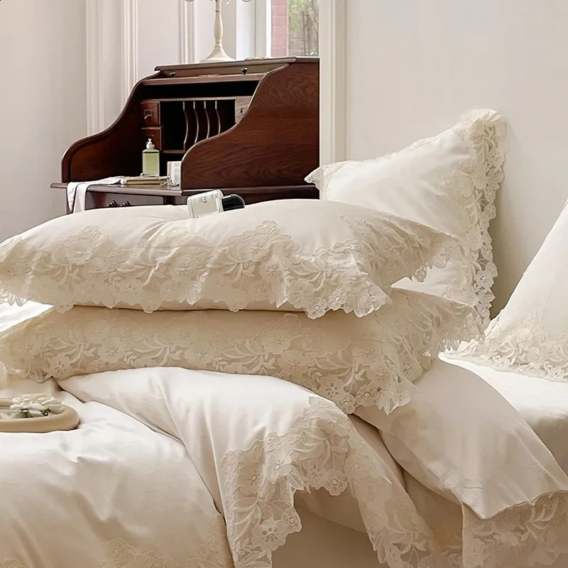 4/7Pcs French Romantic Wedding Chic White Lace Bedding Set 1000TC Egyptian Cotton Ultra Soft Duvet Cover Bed Sheet Pillowcases 240815