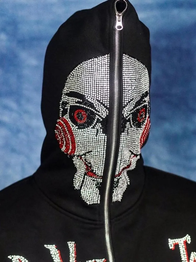 Men Y2K Fashion Hoodie Skull Rhinestone Zip Up Hoodie Grunge Womens Oversized Sweatshirt Punk Harajuku Long Sleeve Outerwear 240809