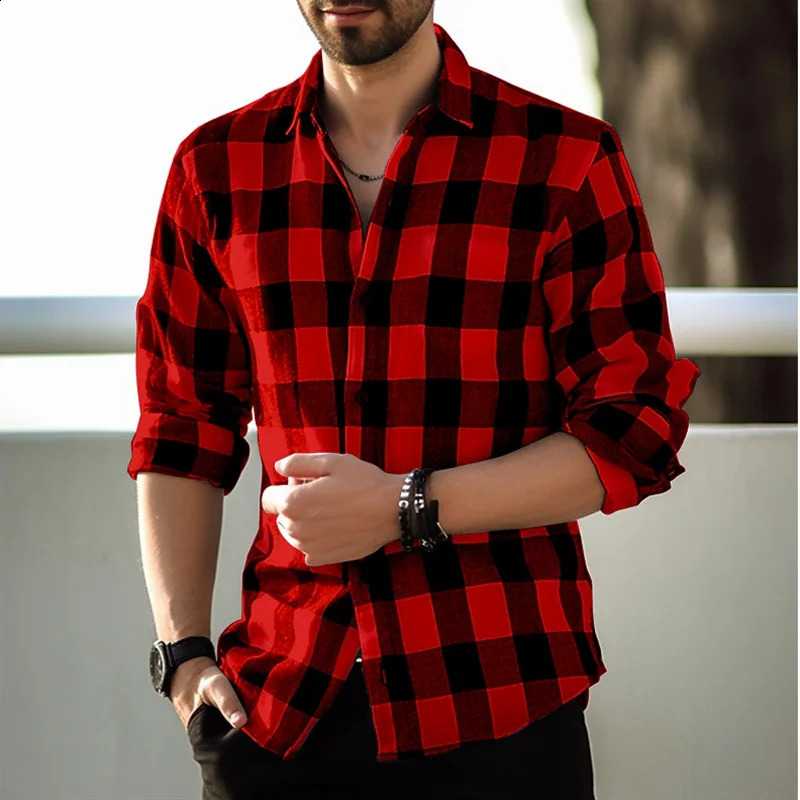Fashion style black and white checkered shirt mens long sleeved shirt summer button up collar shirt loose casual top 240819