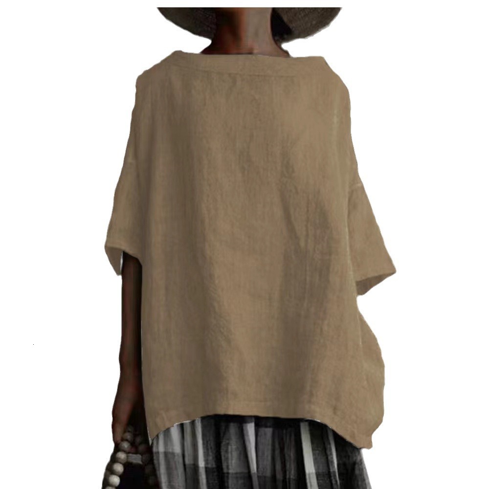 2021 Summer New Top Woven Round Neck Cotton Linen Style Solid Color Loose Women's T-shirt