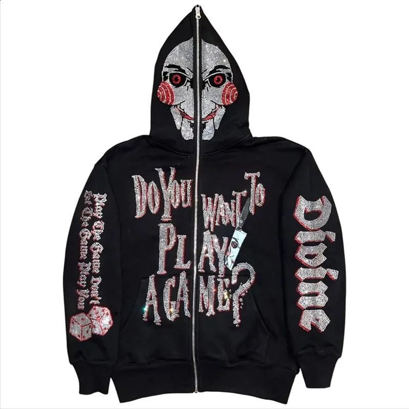 Men Y2K Fashion Hoodie Skull Rhinestone Zip Up Hoodie Grunge Womens Oversized Sweatshirt Punk Harajuku Long Sleeve Outerwear 240809