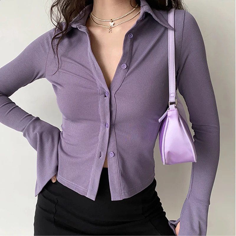 Blouses polo collar single breasted solid pullover five color womens slim fit long sleeved casual streetwear top 240814