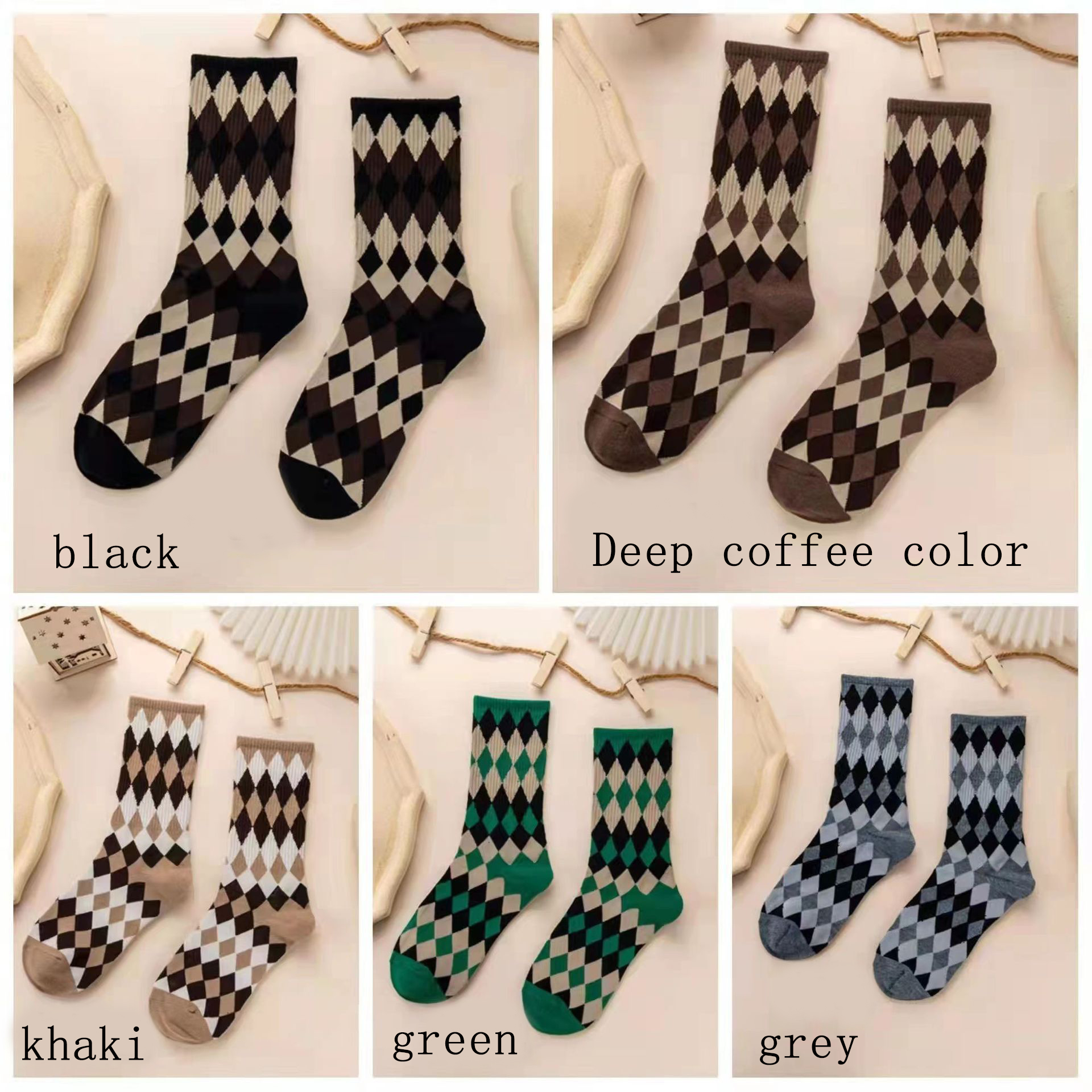 Ins Versatile Retro Diamond Design Mid-Tube Socks for Fall and Winter