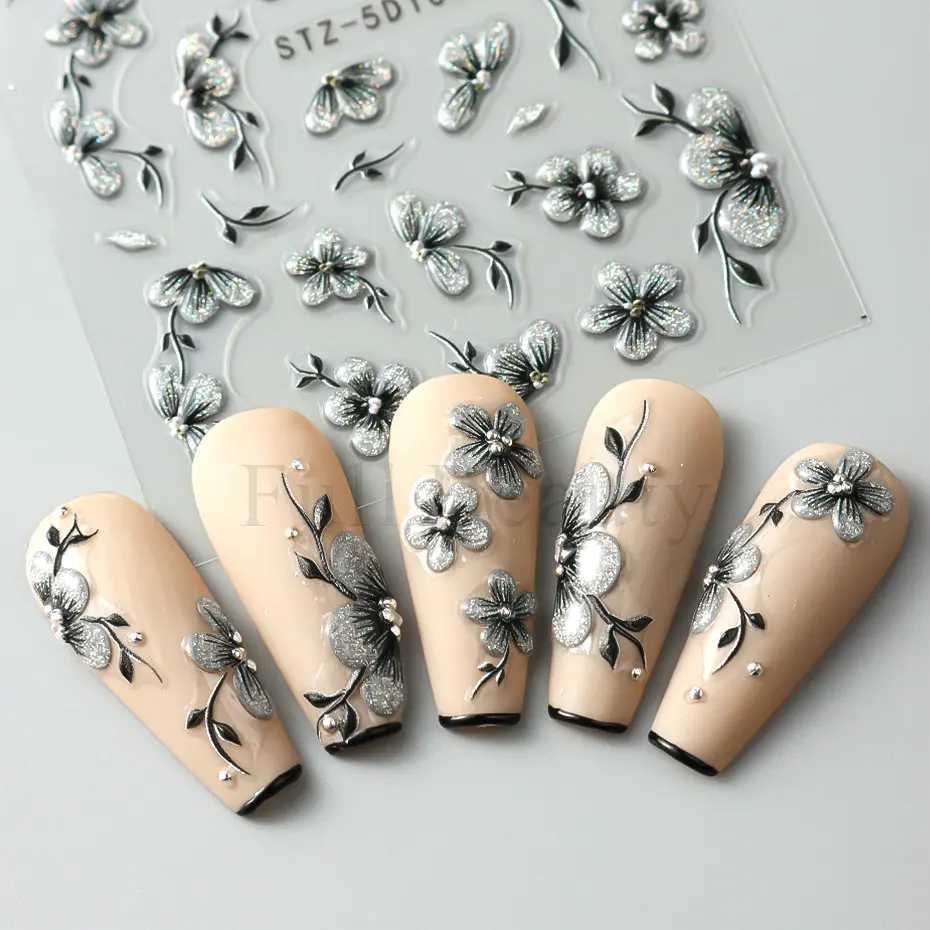 5D Acrylic Glitter Black Flower Nail Art Sticker Decals Watercolor Ink Blooming Floral Leaf Self-adhesive Slider Manicure DecorXJ250120