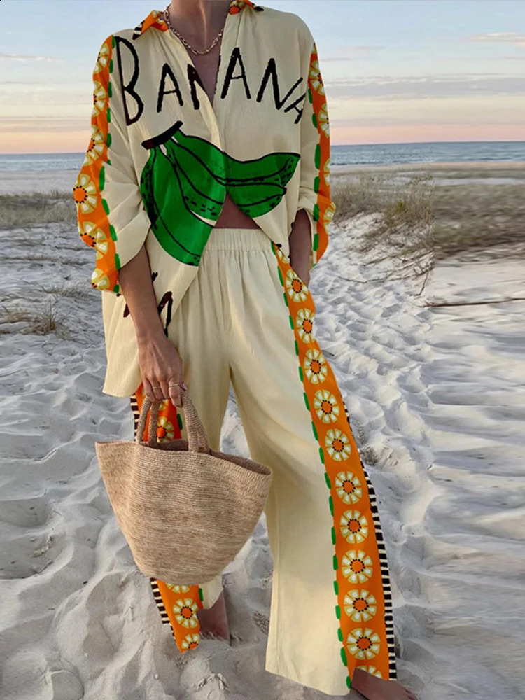 Printed Shirt Pant Set Women Fashion Matching Sets Loose Full Sleeve Lapel 2024 Summer Lady Beach Holiday Two-Piece Outfits 240805
