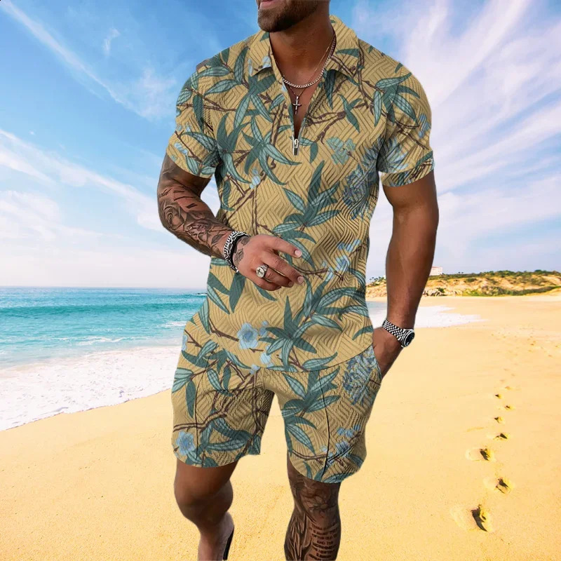 Summer Hawaiian mens track and field clothing 2-piece set 3D printed beach style Flora polo shirt and short sleeved mens polo shirt 240816