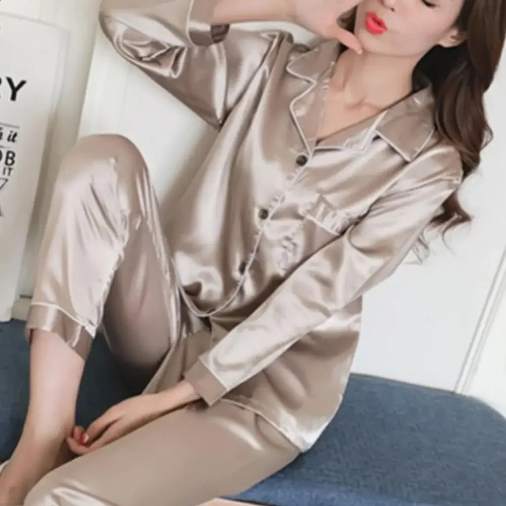 2 Piece Silk Satin Pajamas Pyjamas Set Sleepwear Pijama Winter Long Sleeve Tops Pants Loungewear pyjama pour femme y240821