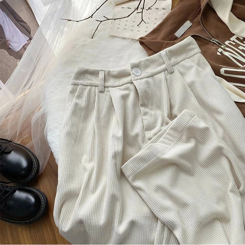 Vintage Corduroy Women Pants High Waist Coffee Wide Leg Fall Casual Korean Office Ladies Trousers 240816