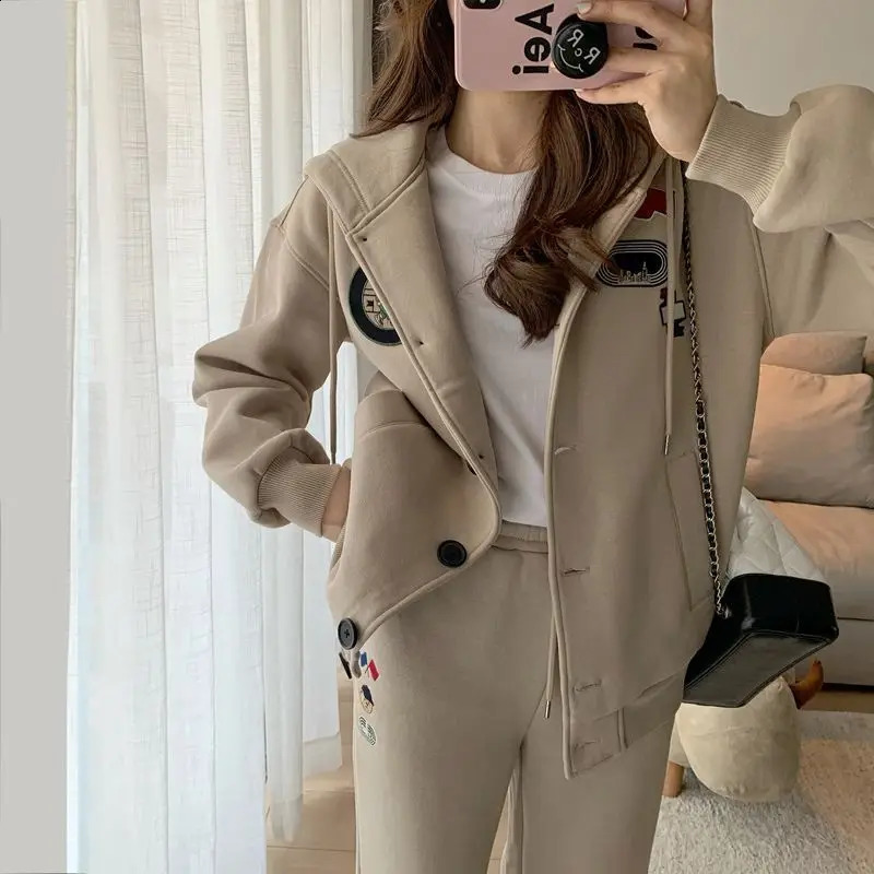 Fashion Sports Set Womens Autumn/Winter Korean Hooded Casual Top Wide Leg Pants Elegant Womens Two Piece Set 240815