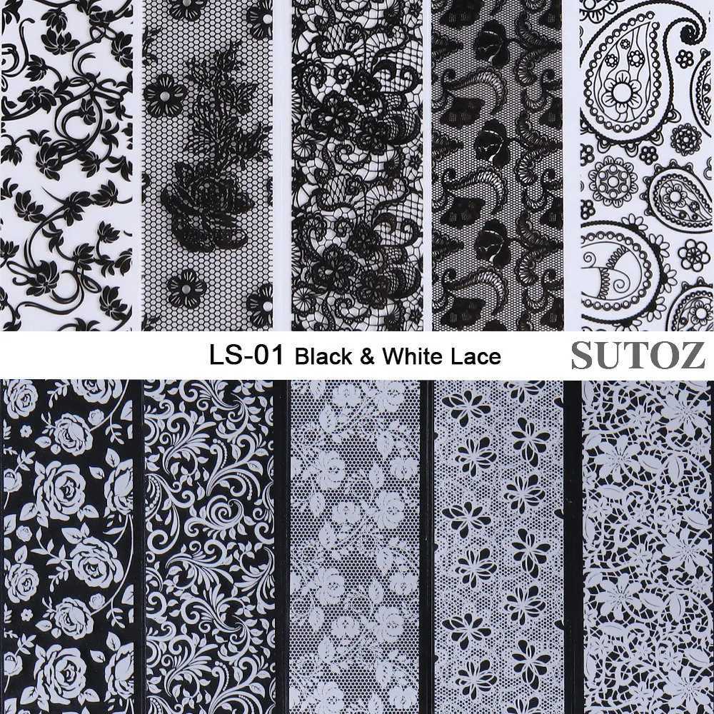 10pcs Black White Lace Nail Foil Sexy Floral Transfer Stickers Holographic French Flowers Decals Art Manicure Decoration NLLS-01XJ250120