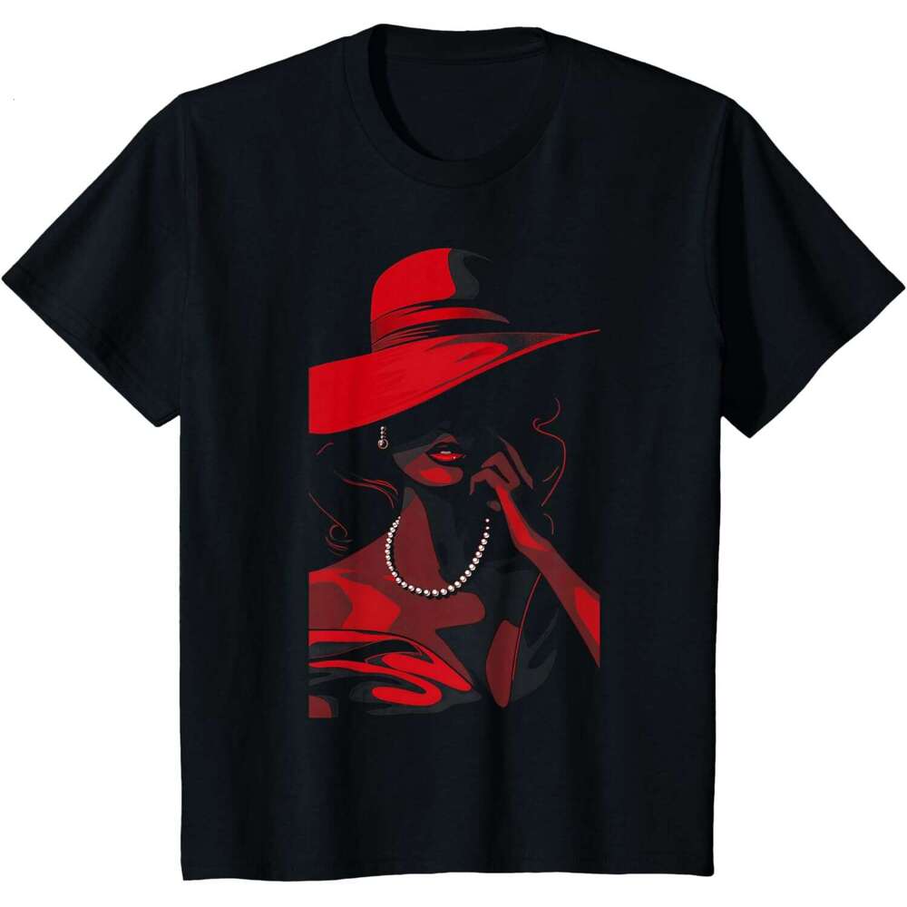 T shirt for Mens Womens Female Wearing A Big Hat And Pearl Necklace Funny T-Shirt Shirts Tshirt Graphic Tee Casual Tops Clothes Short sleeve