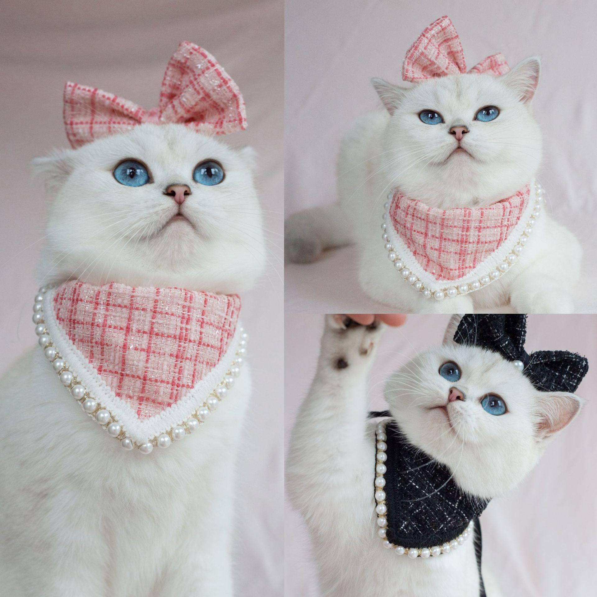 Cat Cute Collar Thousand Bird Check Dog Pet Clothing Drool Towel Bow Headdress Pearl Bib Scarf