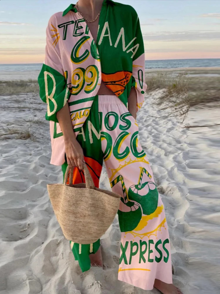 Printed Shirt Pant Set Women Fashion Matching Sets Loose Full Sleeve Lapel 2024 Summer Lady Beach Holiday Two-Piece Outfits 240805