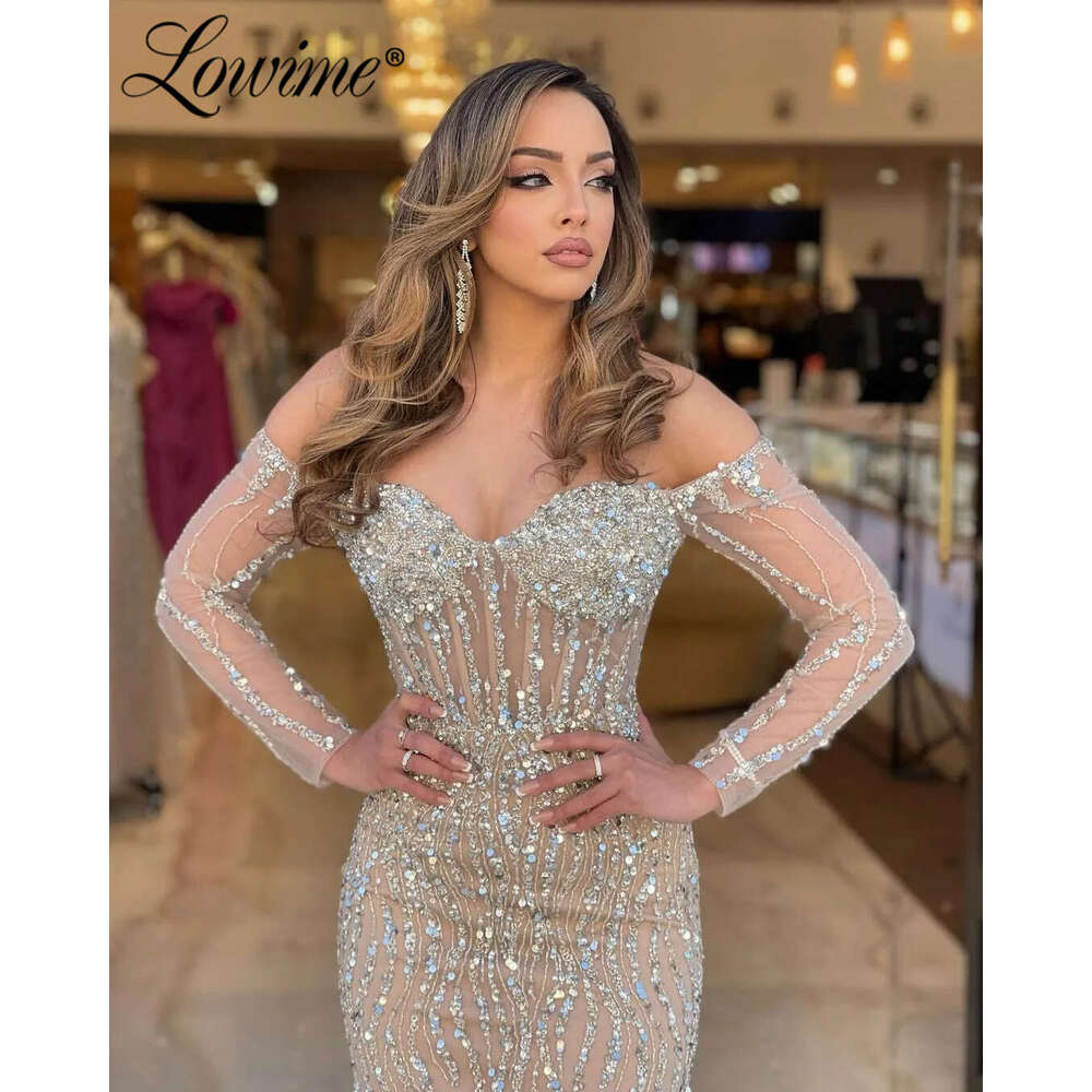 Champagne Long Sleeve Off The Shoulder Evening Customize Shiny Sequins Crystal Mermaid Party Dress With Corset Waist
