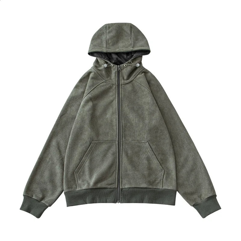 Suede lining Raglan pullover hoodie loose retro cotton clip thick warm zipper 240823