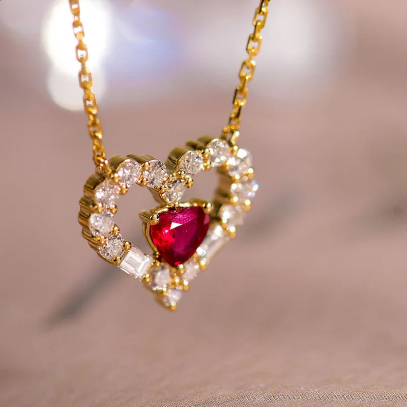 S925 Sterling Silver Double Heart Cupid Ruby Love Pendant Light Necklace 240812