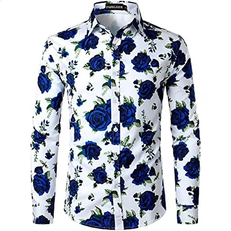 Mens Shirts Long Sleeve 3D Flowers Print Lapel Button Summer Clothes For Men Up Top Prom Birthday Fashion Boyfriend Shirts 240816