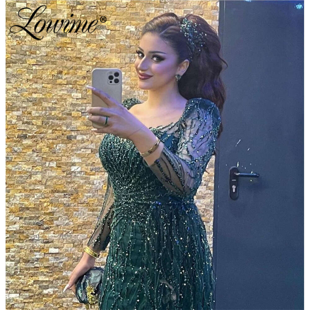 Green Evening Dress With Detachable Train Women Arabic Long Sleeve Mermaid Party Gowns Abendkleider Plus Size Beads Prom Dresses 0227Lz