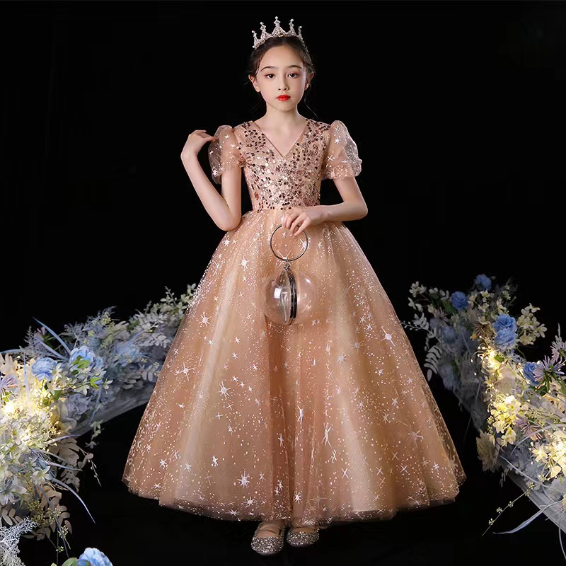 2024 gold sequined Flower Girl tulle Sleeves Tiered Tulle Lace star blingbling Princess Queen Flowergirl Dresses Little Kids Party Gown for Marriage W