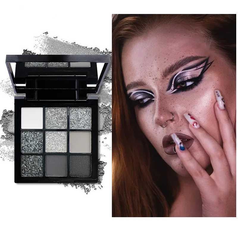 9-color smoke matte glitter eye shadow palette punk shimmer eye shadow cosmetics cool color gray black eye pigment paletteW241212