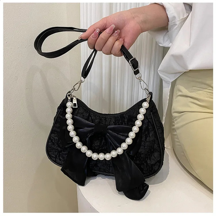 Pearl Female Bag Retro er Handbag Bow Crossbody Bags Fashion Canvas Womens 2024 Trend Shoulder bag Purses 250103