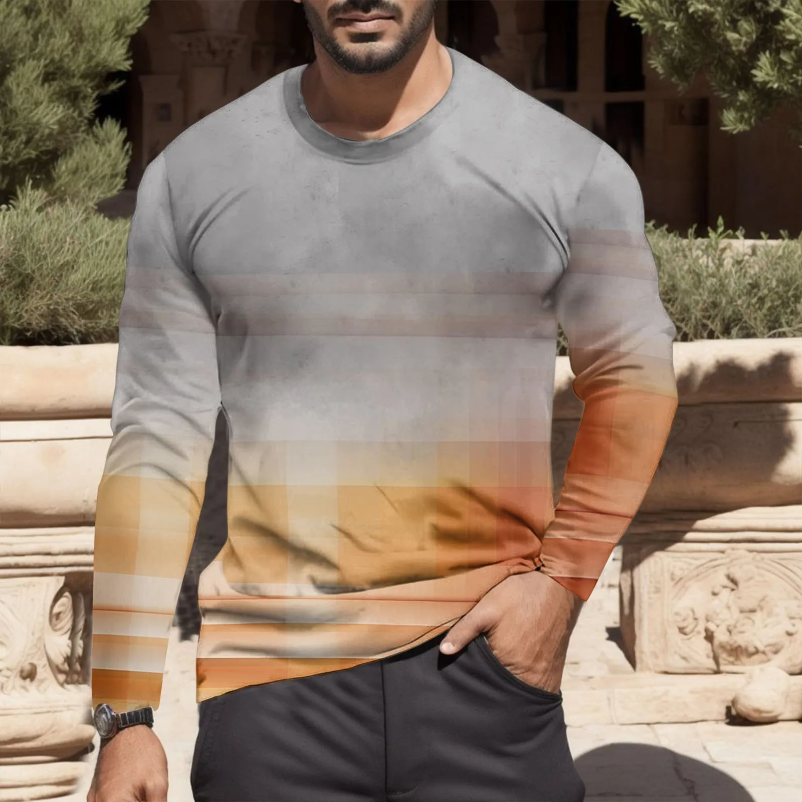 Male Autumn And Winter Fashion Printed Round Neck Long Sleeve T Shirt Retro Full Print Shirts Big Tall Mens Plain 240815