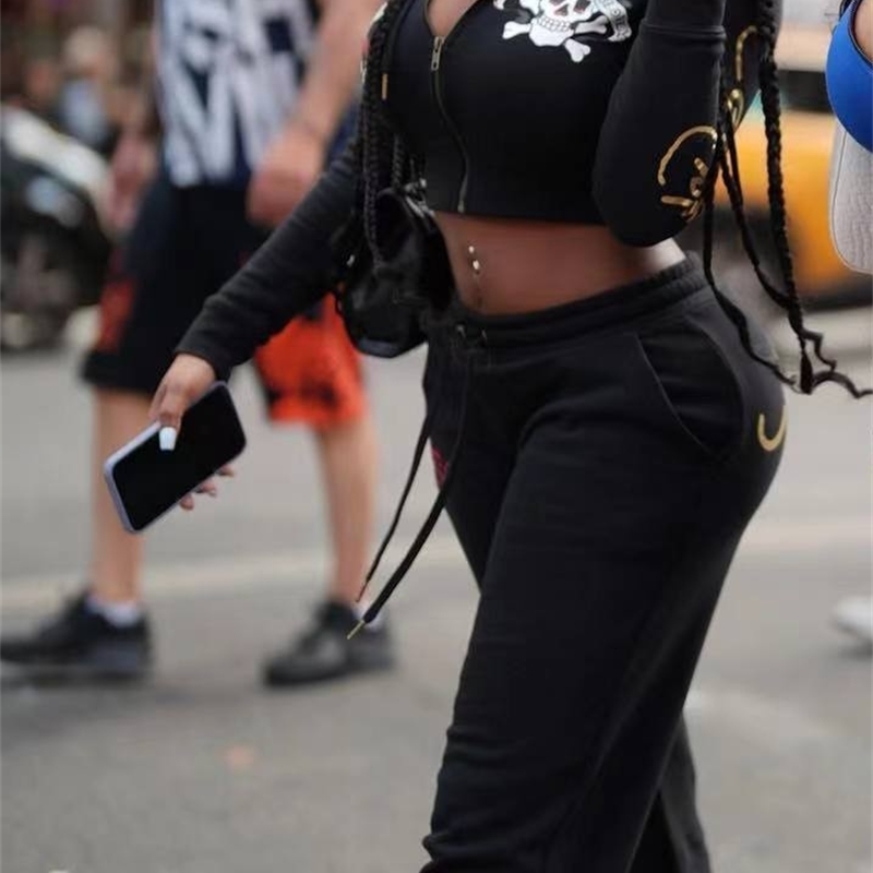 Women Tracksuits Two Pieces Set Designer New Trendy Street Skull Love Printed Basic Zipper Short Cardigan High Waist Straight Leg Pants Sportwear