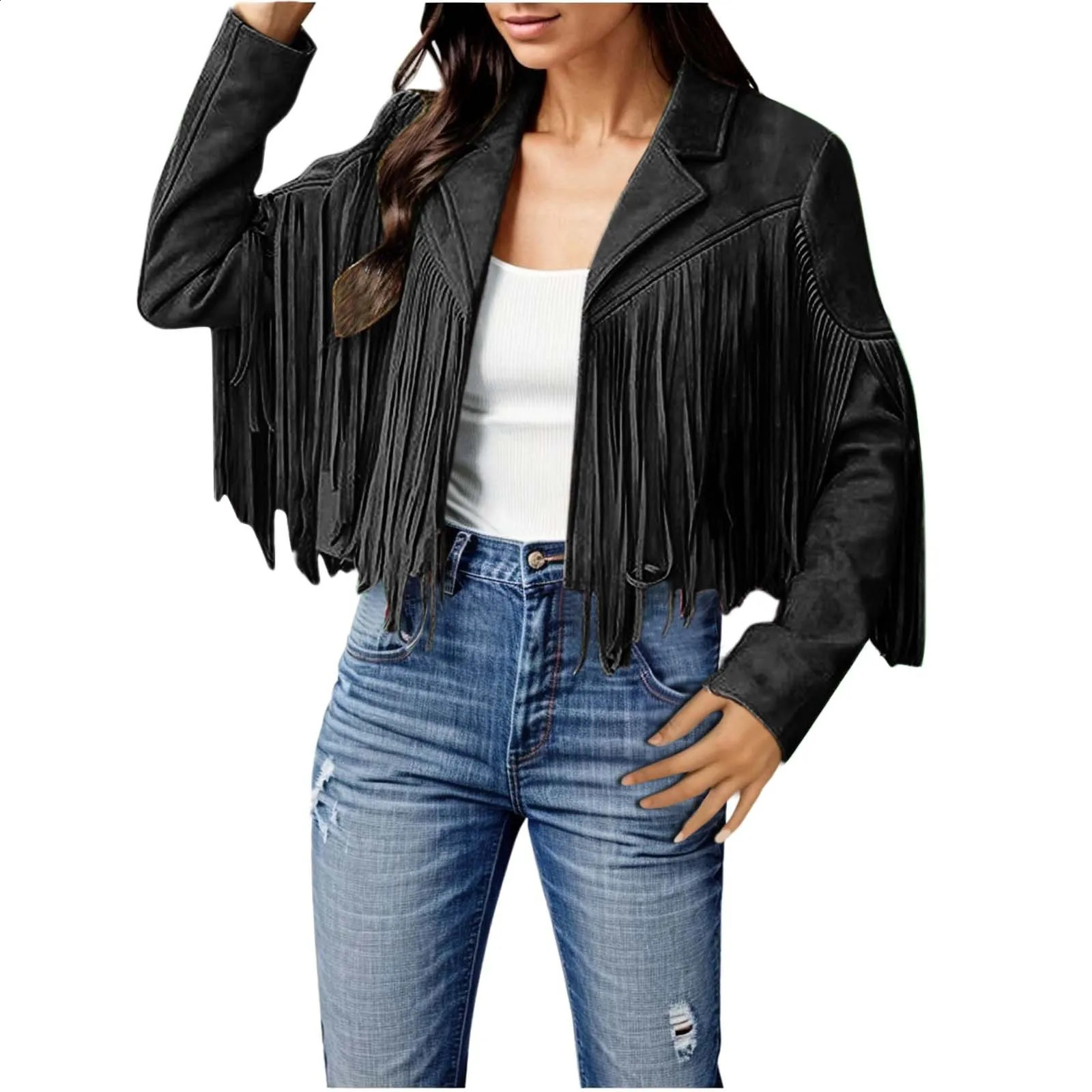 Elegant Cropped Jacket Womens Sexy Solid Color Tassels Scrub Leather Jackets Windproof Bomber Motorcycle Coats 240815