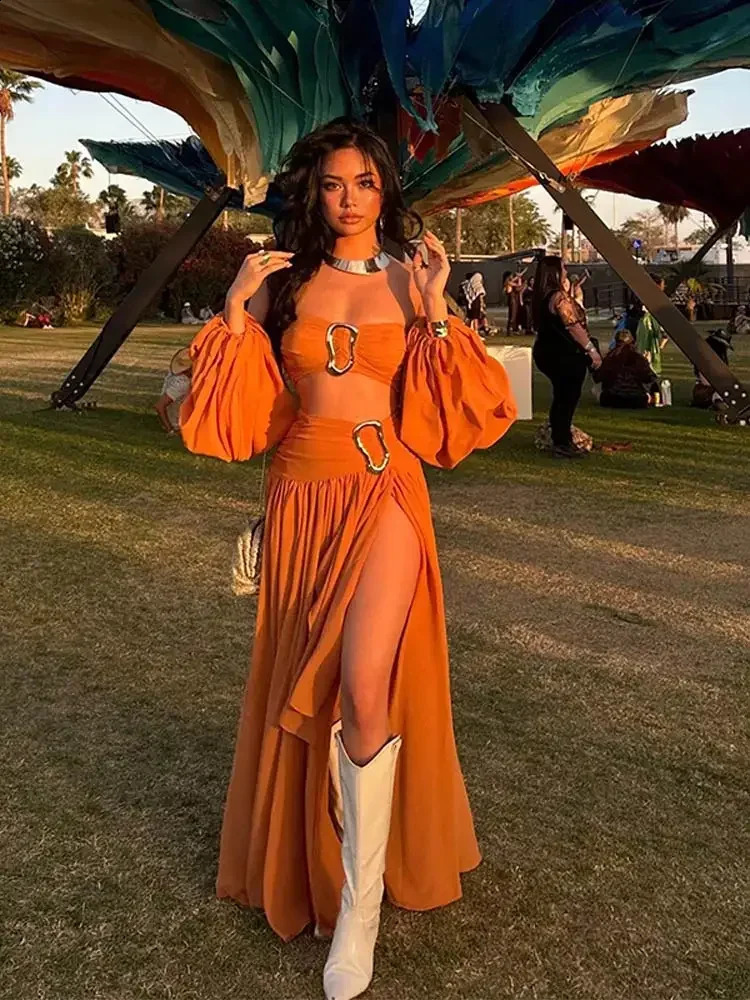 Sexy Highwaisted Split Skirt Set Womens Elegant Strapless Lantern Sleeve Crop Top Solid Skirts Sets Lady Vacation Beach Suit 240816