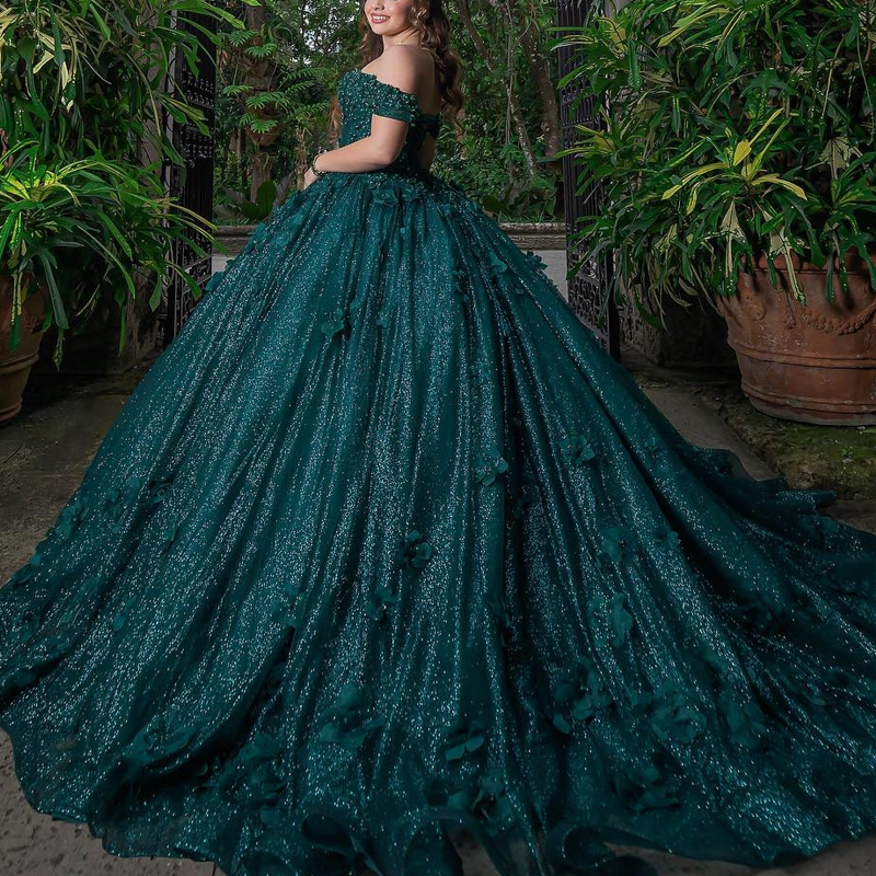 Blackish Green Quinceanera Dress Sweet 16 Dress Off The Shoulder Flower Beaded Crystal Tull Birthday Party Dress vestidos de 15 anos