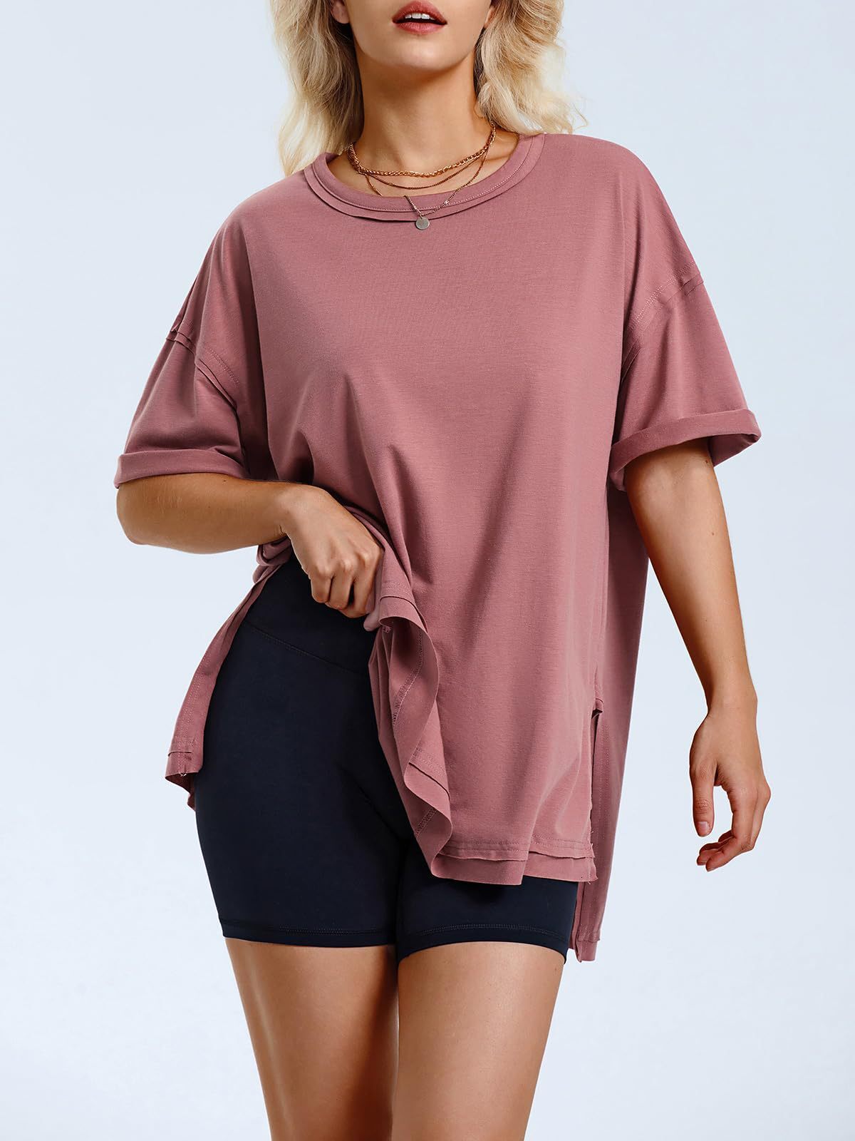 2024 Summer Women's Solid Color Cotton Round Neck Split Loose T-shirt on Both Sides