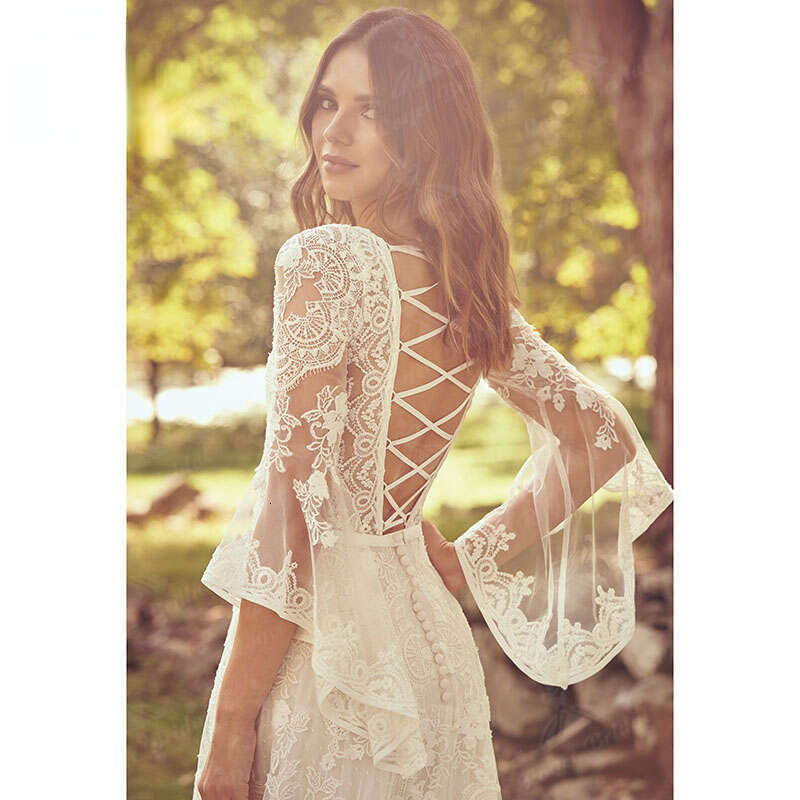 E A Boho Wedding Dress V Neck Lace Open Back Three Quarter Flare Sleeve Bridal Gown Custom Made Robe De