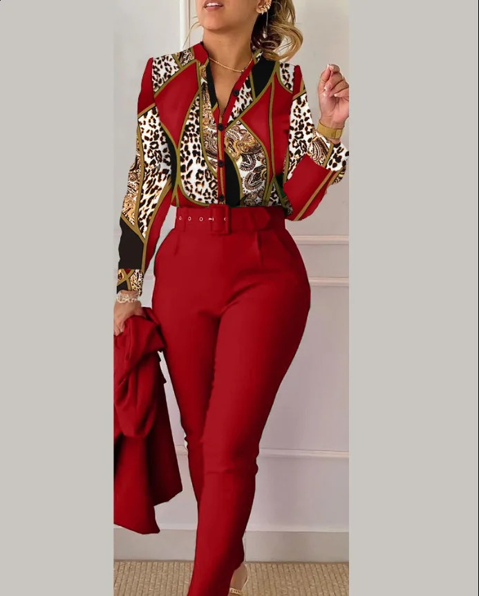 Elegant Fashion V Neck Floral Print Long Sleeve High Waist Two Piece Set Office Lady Casual Trousers Suit Shirt Pants 240816