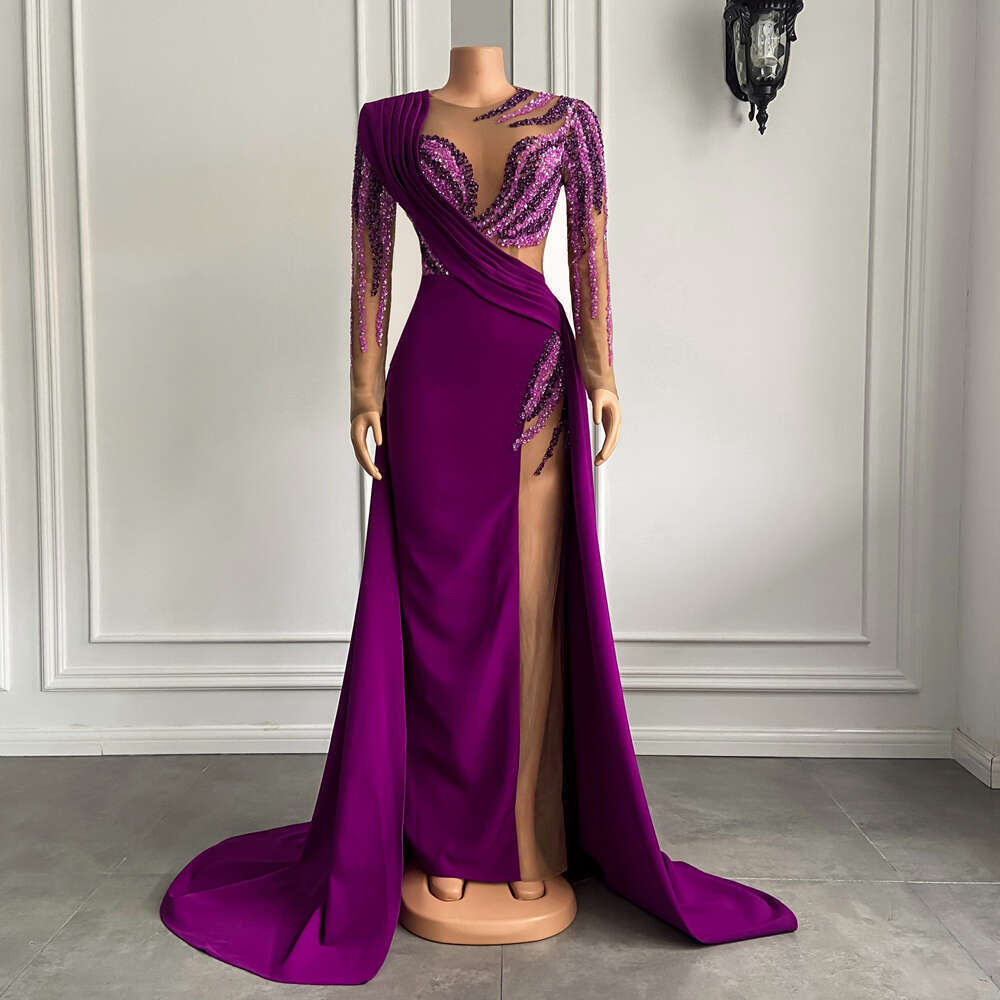 Sleeve Long Dresses Real Sample Pearls Dubai Women Purple Satin Sheer Formal Evening Gowns