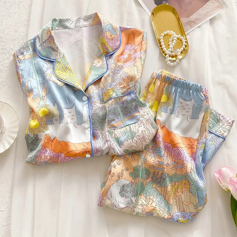 Womens Pajamas Sets Spring Autumn 2 Piece Animal Print Pyjama Faux Silk Satin Sleepwear Long Sleeve Pijama Mujer Pjs Homewear 240815
