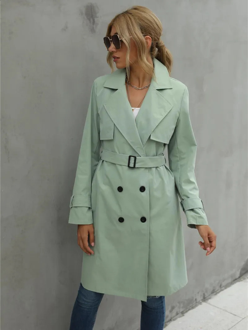 Womens trench casual solid color jacket adult elastic fashionable long sleeved collar double chest belt 240814