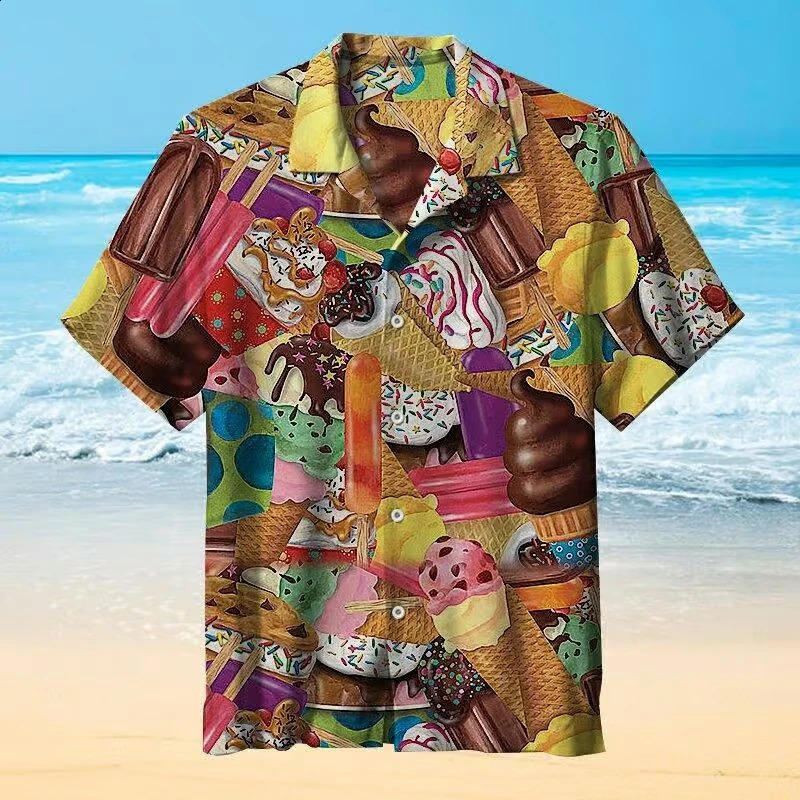 Summer Ice-cream Mens Holiday Lapel Camisa Oversized Hawaiian Shirts 3d Print Fashion Men Women Beach Short Sleeve Blouse Tops 240816