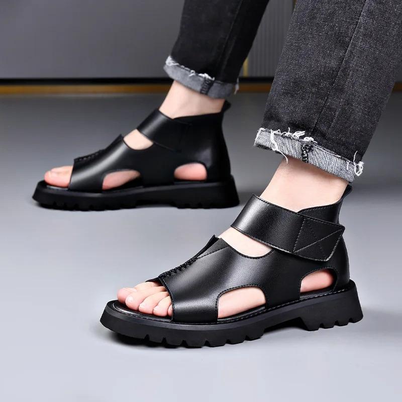 Cow Leather For Men 2024 Summer New Designer Big Size Increase Roman Beach Shoes Male Fashion Casual Black Sandals Man 241117