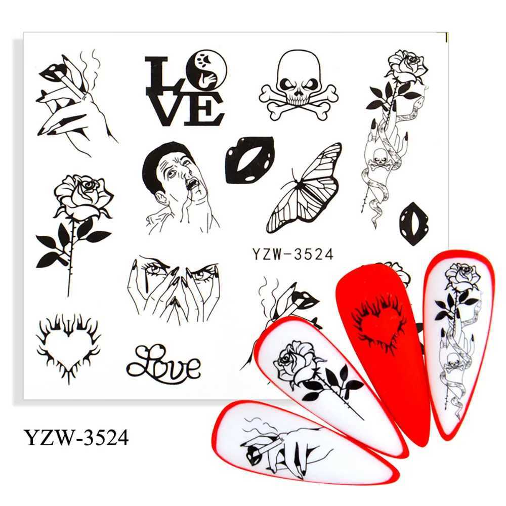 Big Patten Words Nail Stickers For Nails Flower Nail Art Sticker Geometric Black Transfer And Decals Leaf Watermark Nails DecalXJ250120