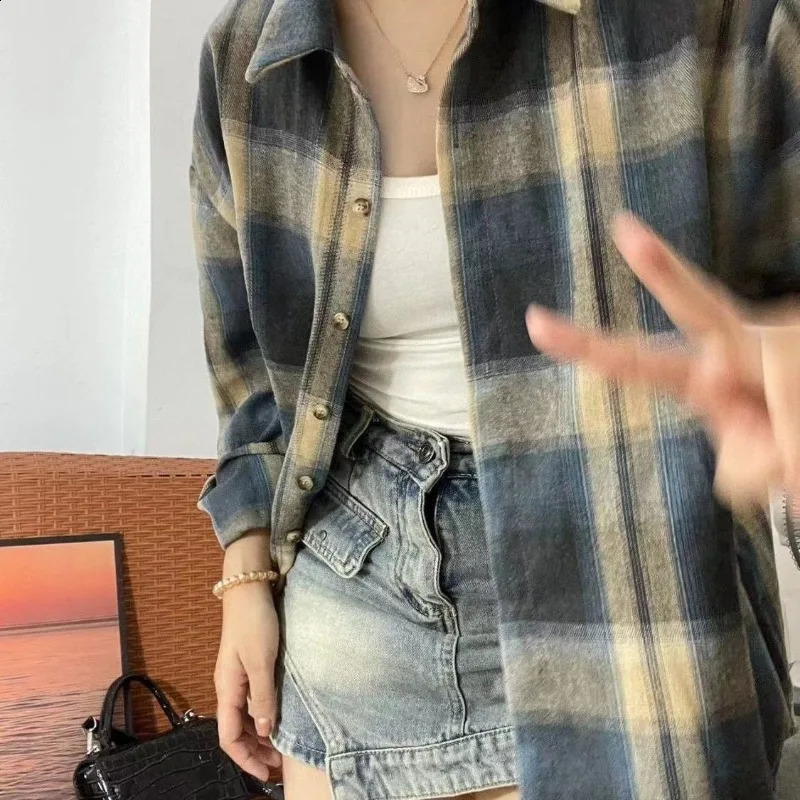 Vintage Plaid Y2k Shirt Women Haruku Korean Fashion Streetwear B4