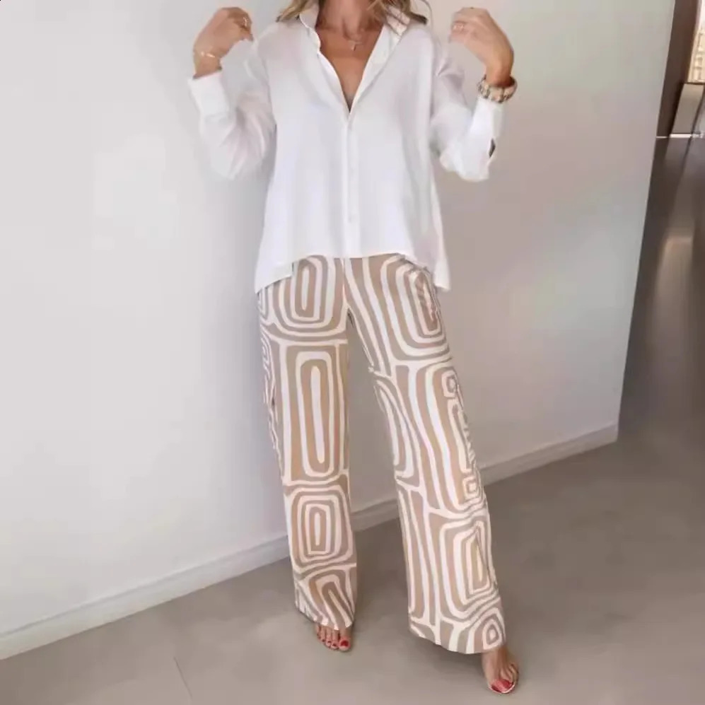 2024 Casual Suit Womens White Shirt Loose Digital Printed Pants Twopiece Sets For Women Outfits 240816