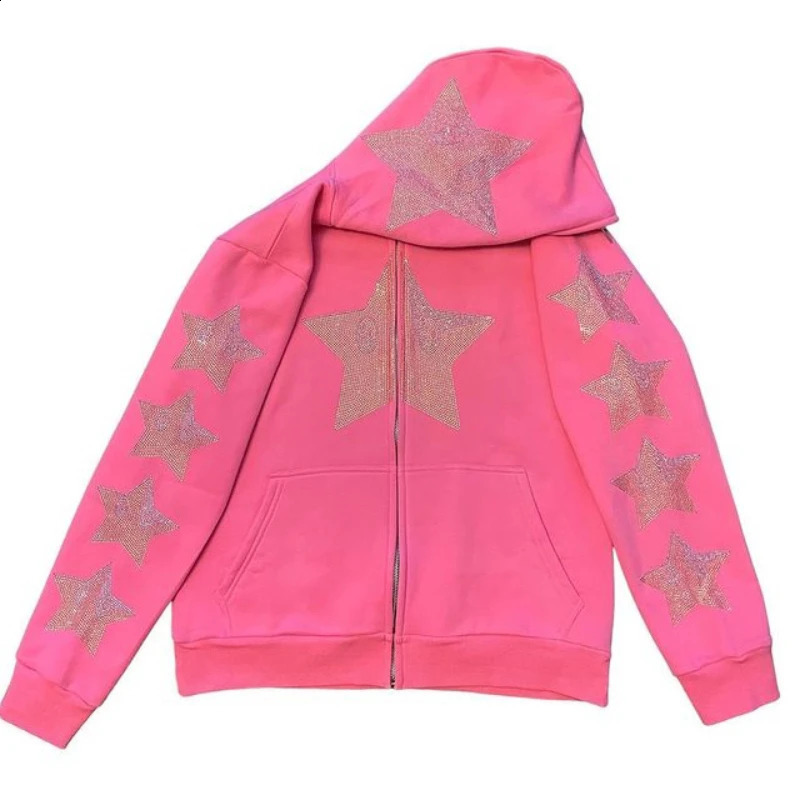 Y2K Star Rhinestone Hoodies Men Women Gothic Black Zip Up Oversized Sweatshirts Coat Vintage Harajuku Hooded Jacket Streetwear 240809