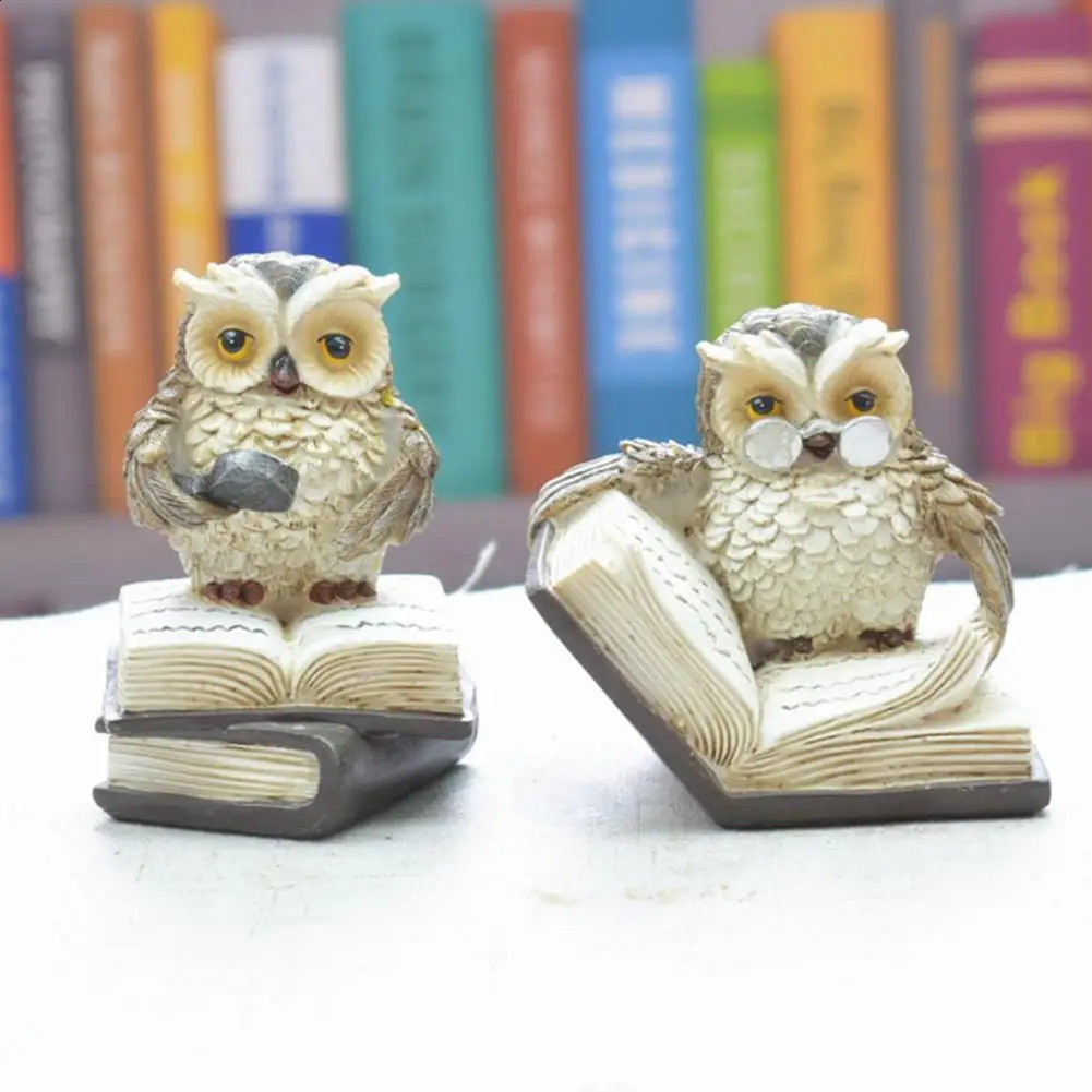 Figurine Owl Statue Ornament Animal Miniature 2Pcs/Set Owl Statue Cartoon Realistic Resin Reading Book Owl Figurine Home Decor 240816