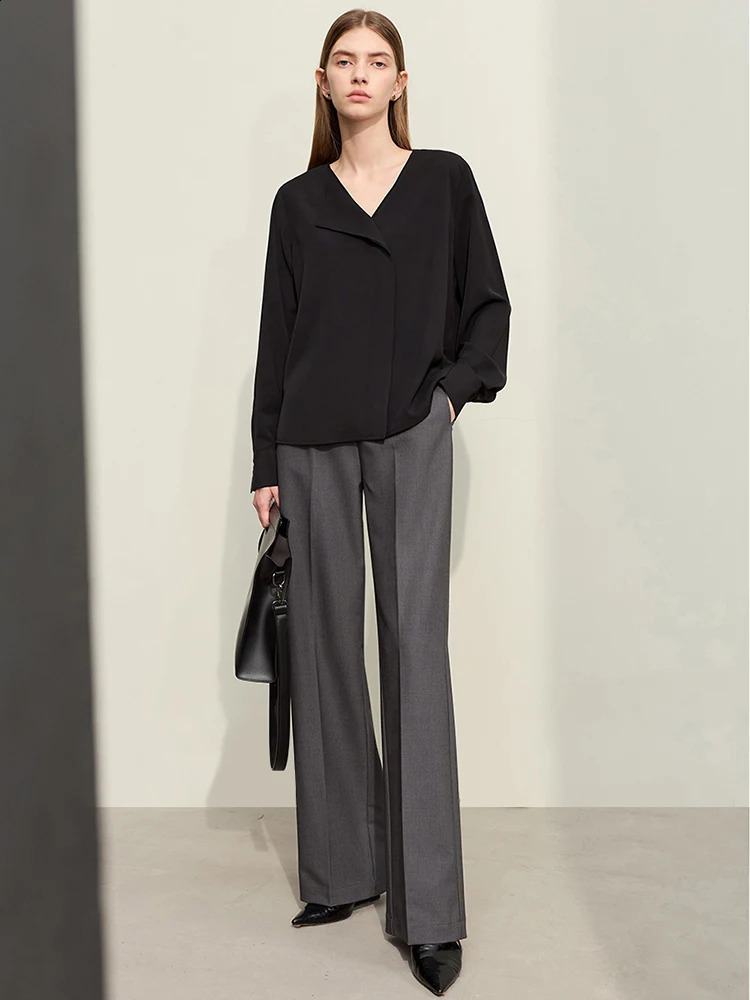 Amii Minimalism Spring Chiffon Womens Shirt Office Temperature Asymmetric Vneck Loose 12451028 240814