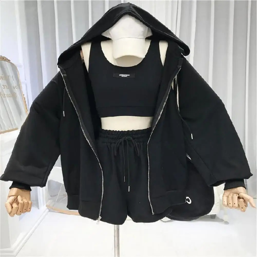 Casual 3 Piece Sets Women VestShortsHooded Zipper Jacket Sportswear Suits Solid Color Sports Tracksuit Women chandals mujer 240809