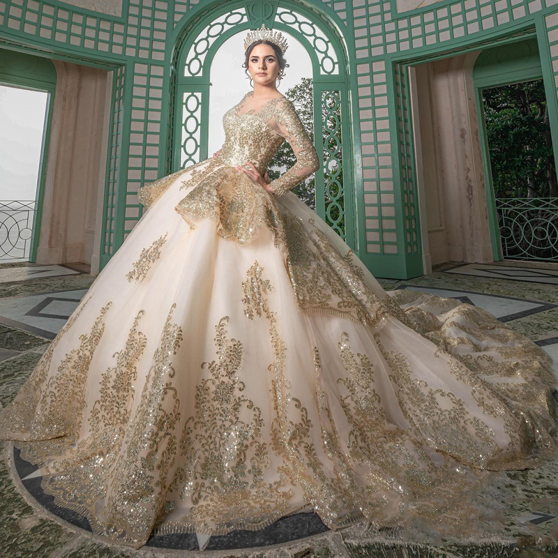 Champagne Shiny Quinceanera Dress Ball Gown Long Sleeves Gold Lace Applique Pearls Ruffles Corset Sweet 16 Vestidos De XV 15 Anos