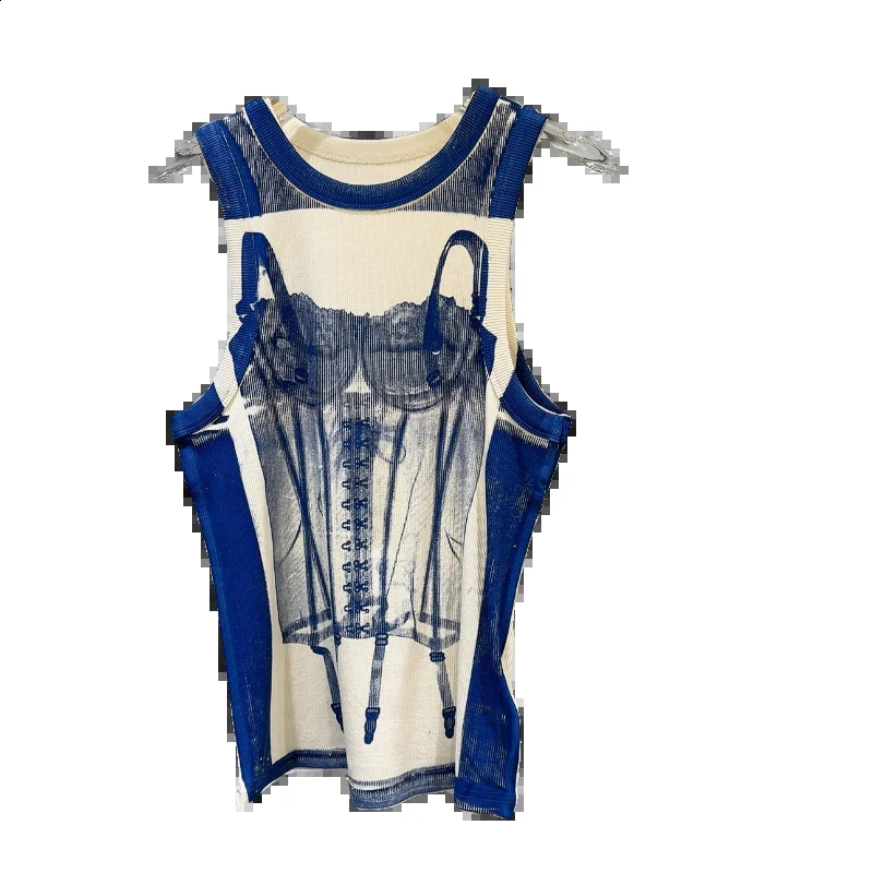 DEAT Lace Underwear Printed Pattern Sling Vest Womens 2024 Summer Elastic O-neck Vest 11X9355 240816