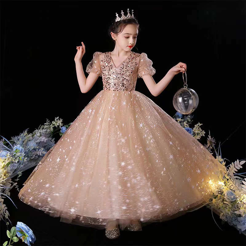 2024 gold sequined Flower Girl tulle Sleeves Tiered Tulle Lace star blingbling Princess Queen Flowergirl Dresses Little Kids Party Gown for Marriage W