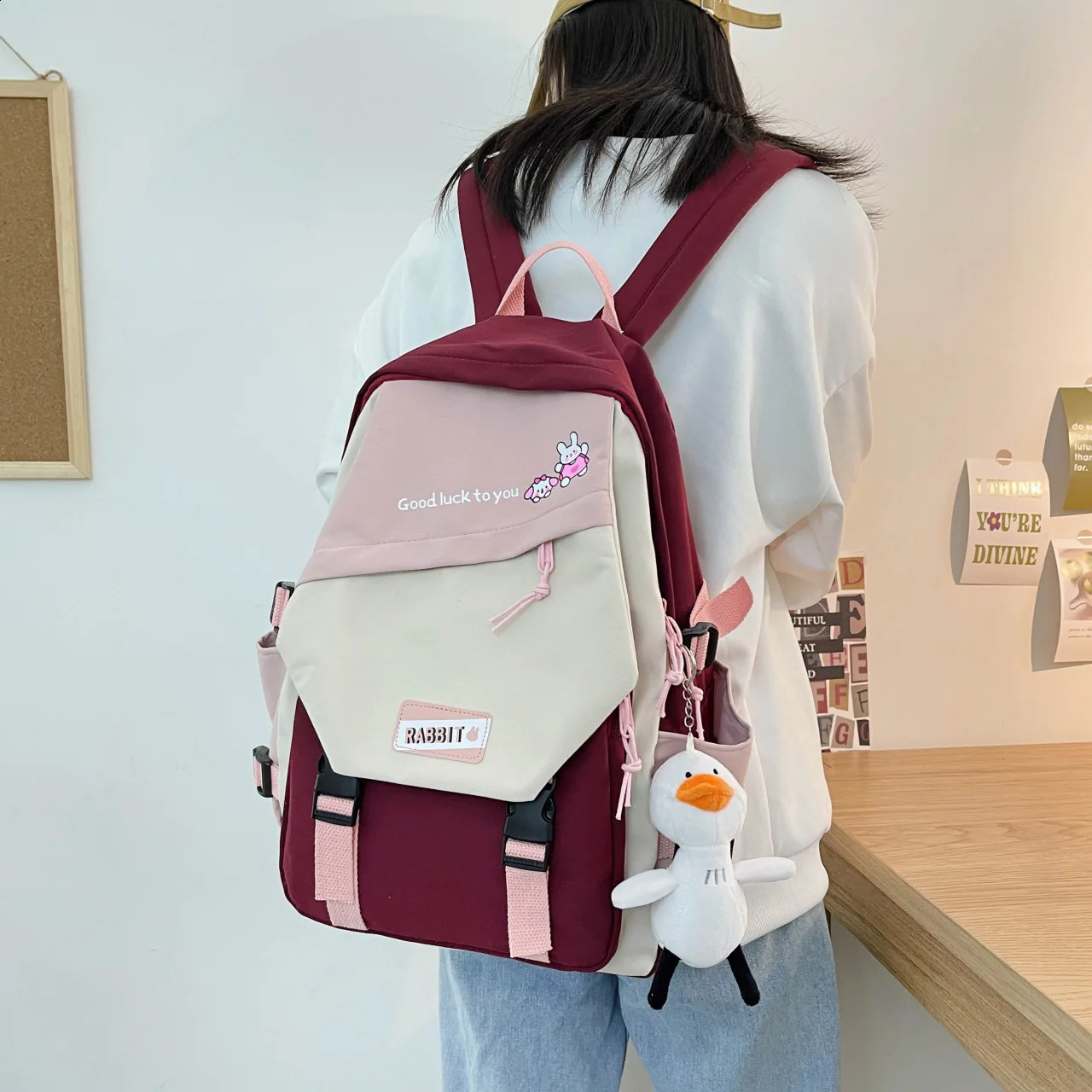 School bag womens Korean style simple high school student trend fashion school bag backpack trend gift duck pendant 240816