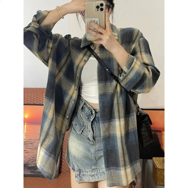 Vintage Plaid Y2k Shirt Women Haruku Korean Fashion Streetwear B4
